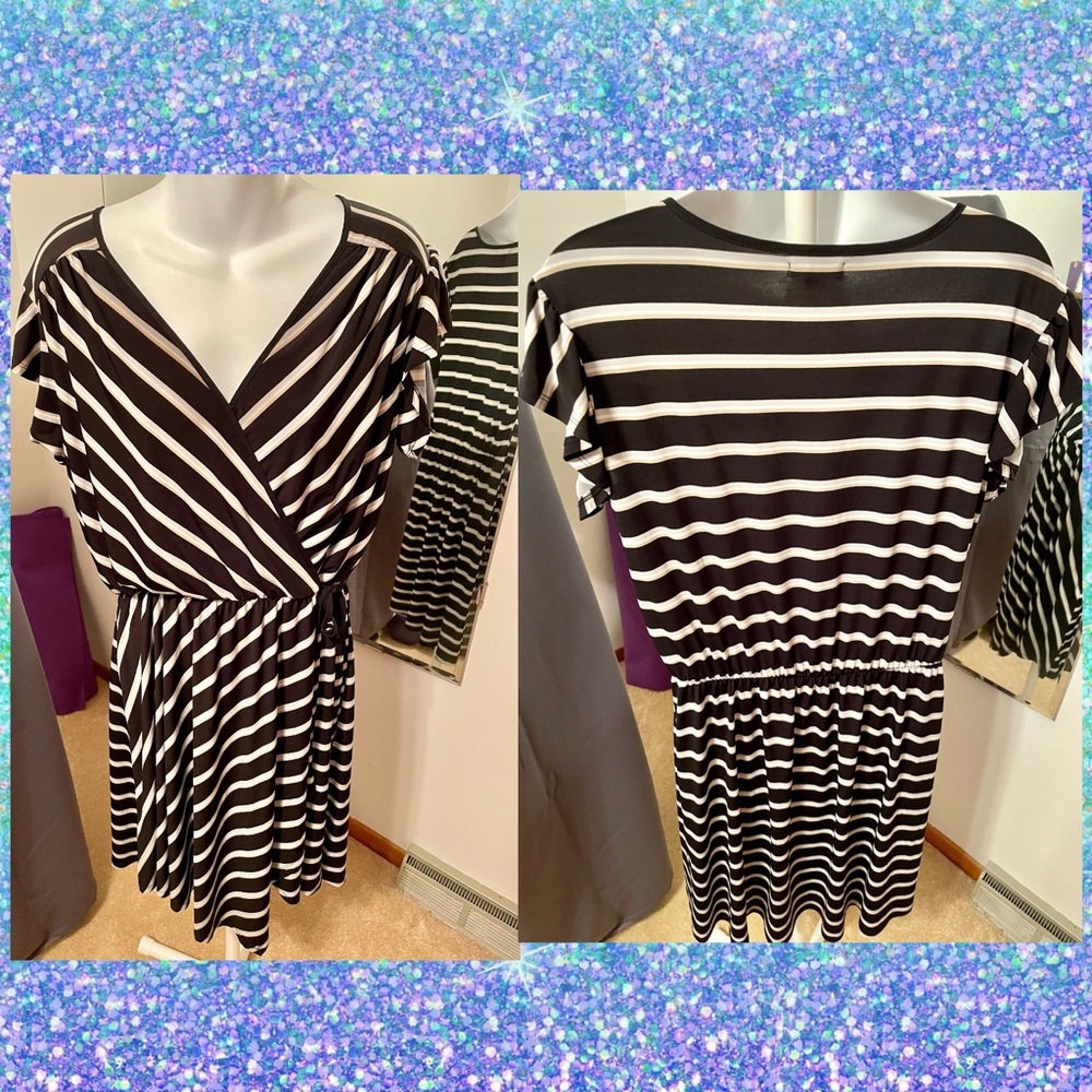 Maurice’s Black, Tan and Cream Striped Faux Tie Wrap Dress with Flutter Sleeves.